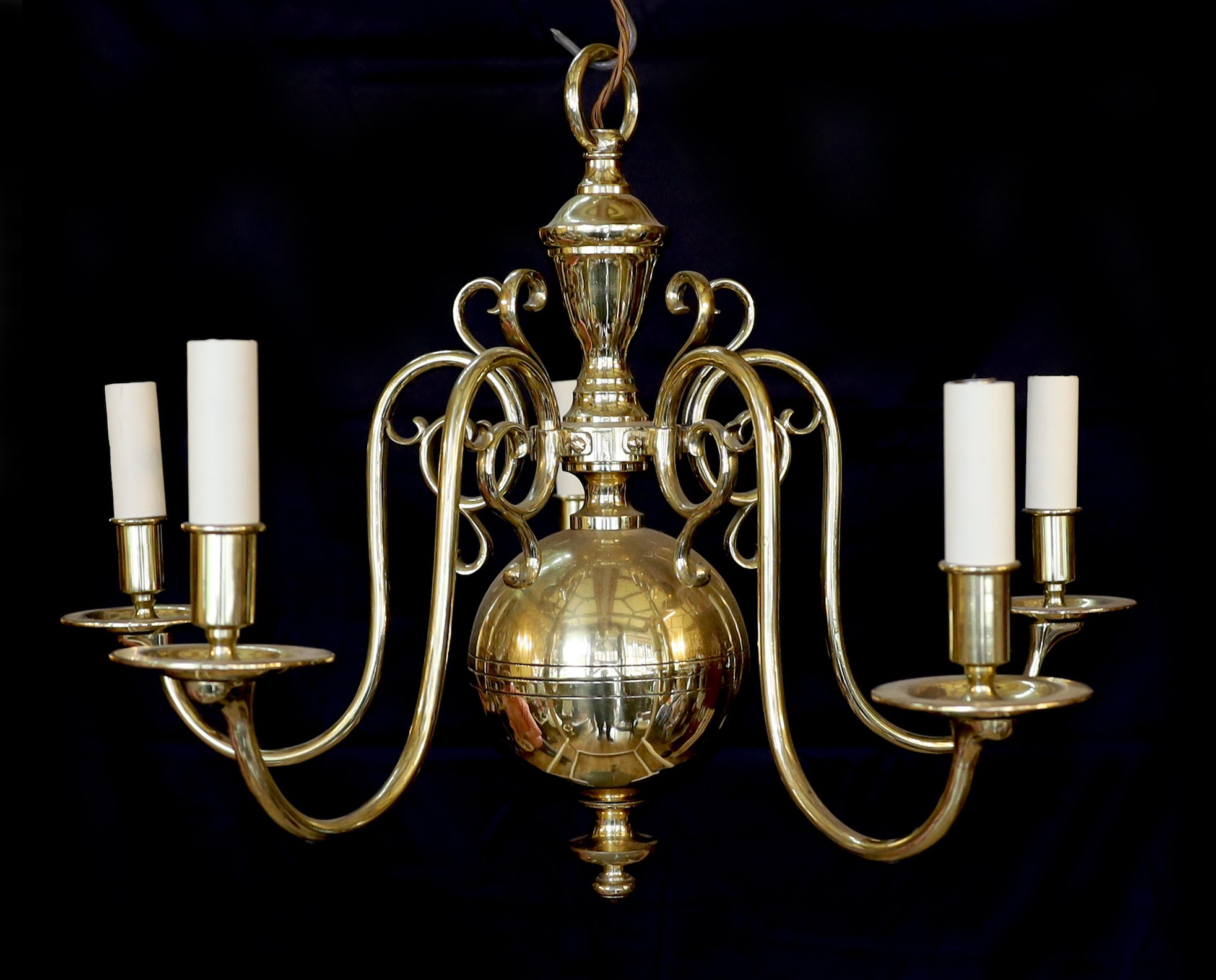 A Dutch style polished brass five light chandelier, height 48cm. width 62cm